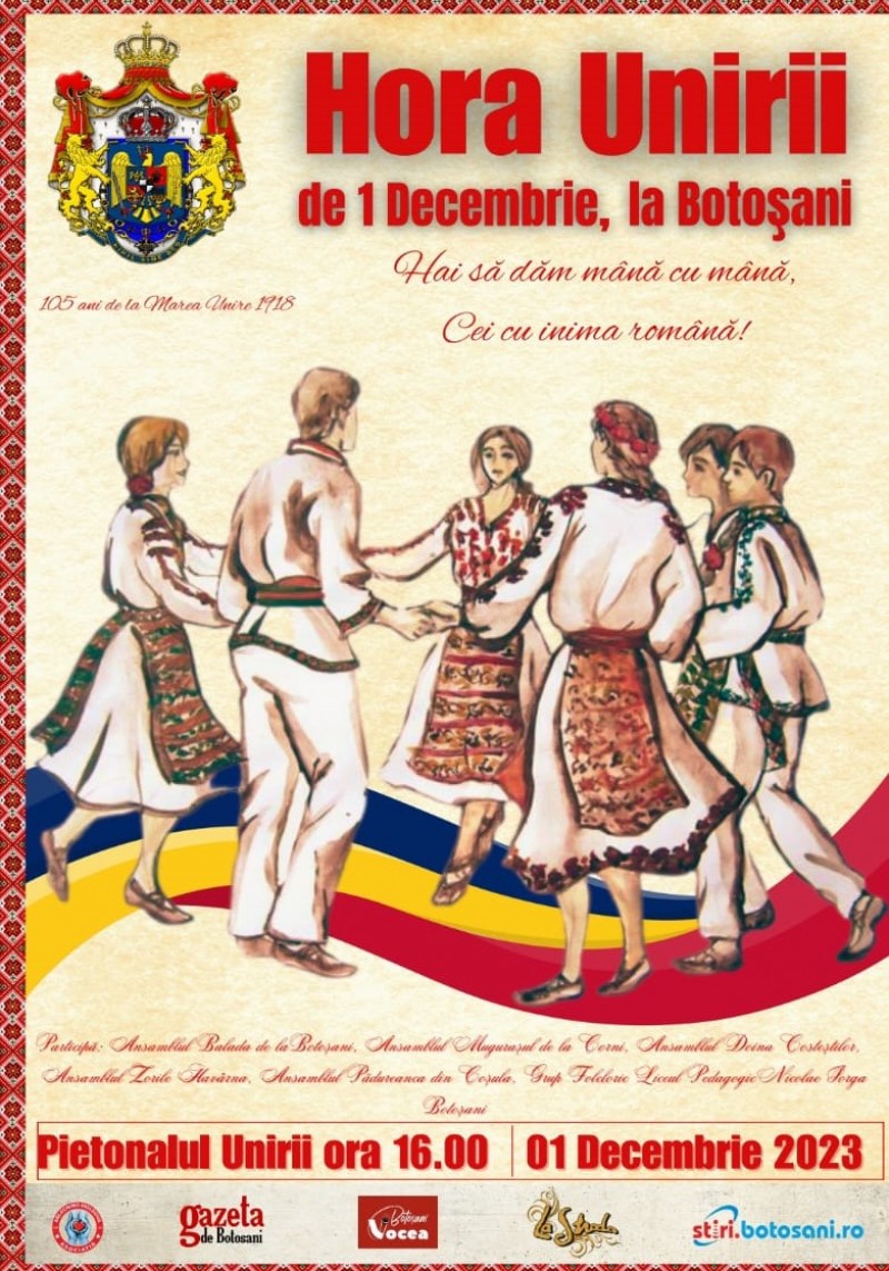 Asociația ”Arlechino Moldova” invită botoșănenii să se prindă într-o Horă a Unirii, vineri, 1 decembrie, de Ziua Națională 
