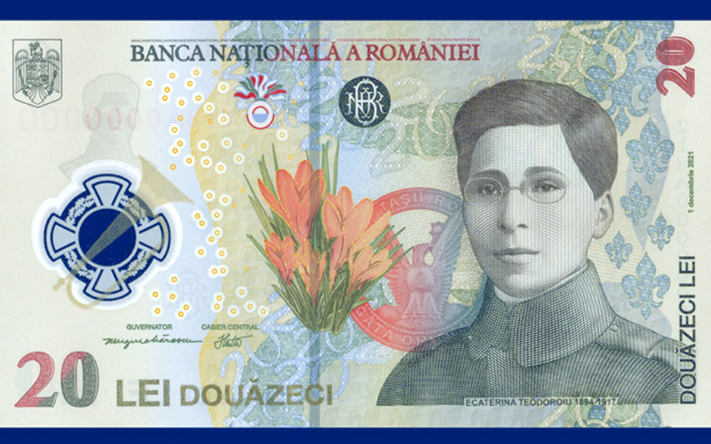 Prima bancnotă pe care este prezentă o personalitate feminină, Ecaterina Teodoroiu, a intrat în curculație de astăzi, Ziua Națională a României
