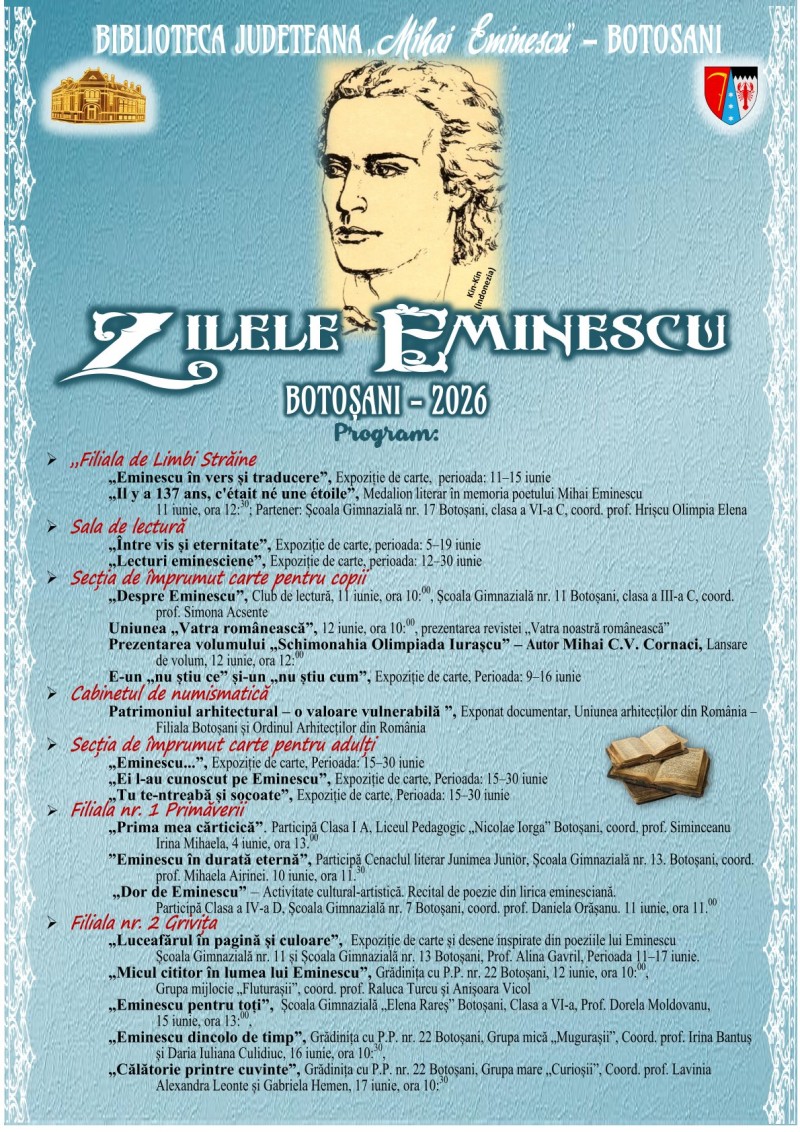 Zilele Eminescu 2026 la Biblioteca Județeană „Mihai Eminescu” Botoșani - PROGRAMUL