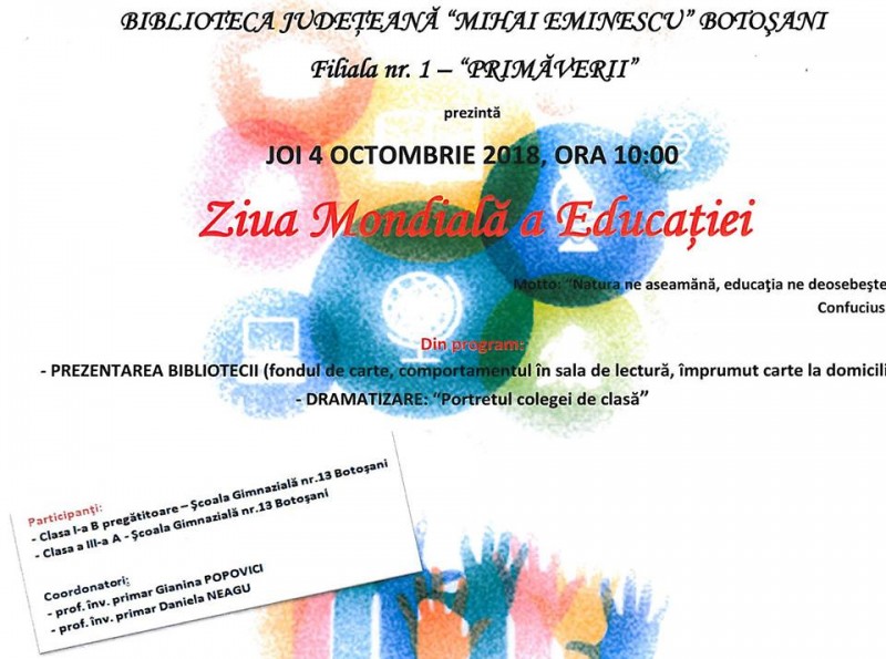 Ziua Mondială a Educației, sărbătorită la Biblioteca Județeană Botoșani
